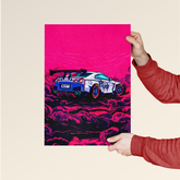 Nissan GTR poster buy featuring a white sports car with a large spoiler on a vibrant pink and black background by Dripster
